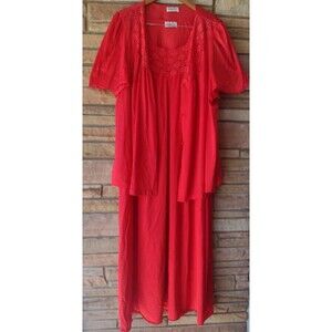 Vintage 70s Vanity Fair Peignoir Red Nylon With Lace Size XL